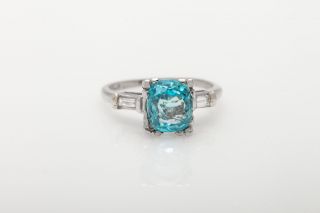 Antique 1930s Deco $5000 5ct Natural Blue Zircon Diamond Platinum Wedding Ring