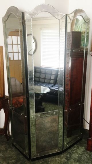 Antique Venetian Glass Tri - Fold Floor Mirror -