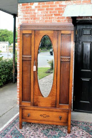 English Antique Art & Craft Oak 1 Mirrored Doors Cabinet Wardrobe / Armoire