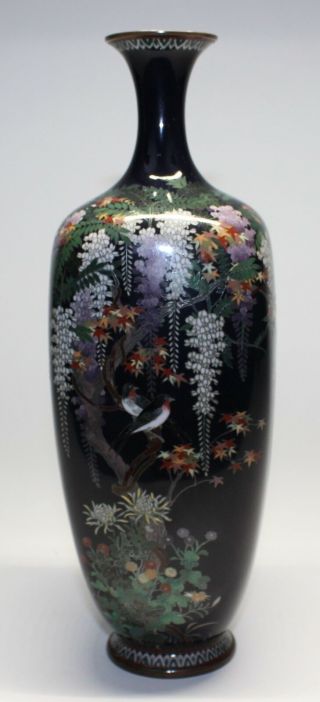 Fine Antique Japanese Silver Wire Cloisonne Vase Birds & Flowers