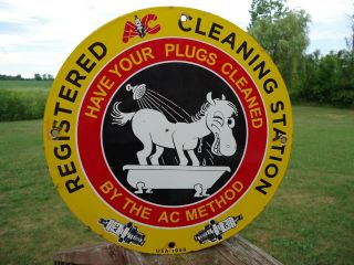 Vintage Old 1958 Ac Spark Plugs Porcelain Sign Cleaning Station Donkey