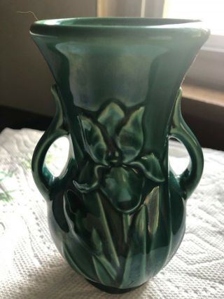 Vintage Shawnee Small Vase W Green Glaze And Iris Decor On Both Sides.
