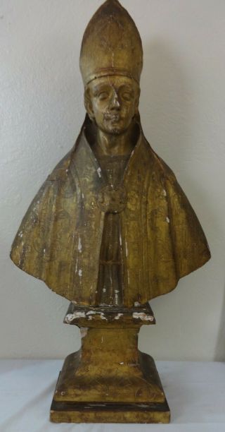 Antique Wood Carved & Painted Religious Figurehead Possibly A Bishop Or Santos