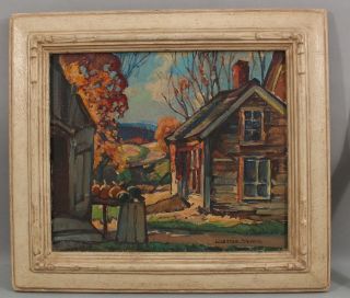 Antique William Lester Stevens Country Pumpkin Farm Fall Landscape Oil Painting
