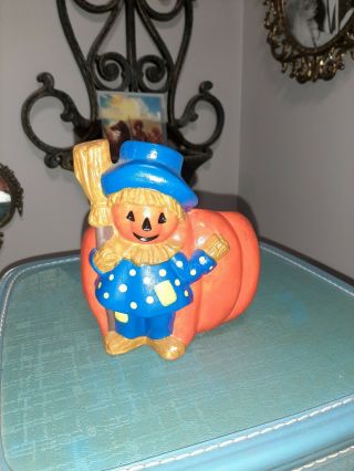 Vintage Ceramic Halloween Scarecrow Pumpkin Jack O Lantern Planter Candy Holder