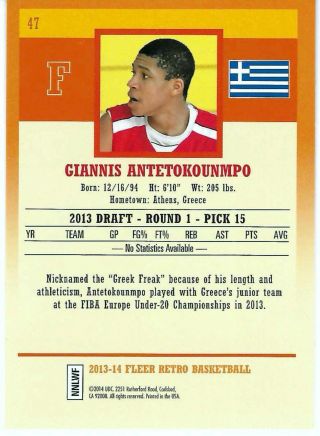 2013 - 14 Fleer Retro Giannis Antetokounmpo RC Rookie Card 47 2