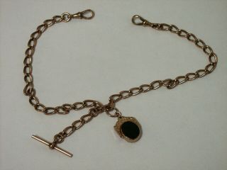 C1887 Heavy 9ct Gold Antique Pocket Watch Chain,  With 9ct Swivel Fob.  T - Bar& Clips