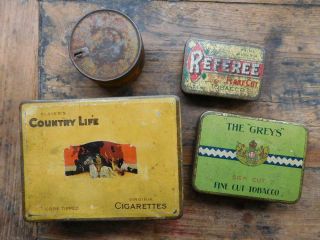 4 Vintage Tobacco Tins Referee The Greys Main Top & Players Country Life 1900s