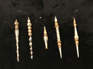 5 Vintage Hand Blown Gold Pearl Glass Twisted Icicle Christmas Ornaments 7 "