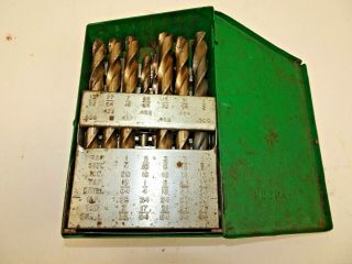 Vintage Hanson Drill Bits,  Green Metal Case 1/16 To 1/2 With Increments By 1/64