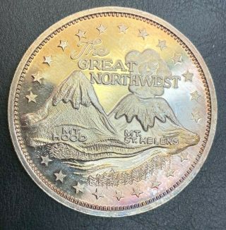 1980 Mt.  St Helens Eruption.  999 Fine Silver 1 Troy Ounce Vintage Art Round Rare