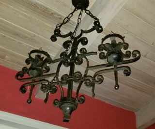 Antique Country French Wrought Iron 2 Arm Chandelier
