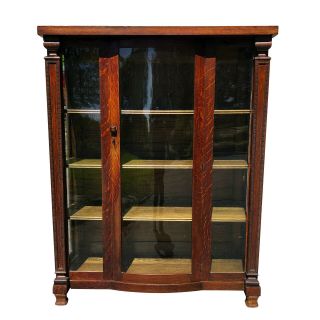 Antique Arts & Crafts Quatersawn Oak Carved Bookcase Cabinet