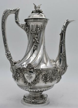 French 950 Sterling Silver Coffee Pot.  Applied Sunflowers And Roses C1900 830gm