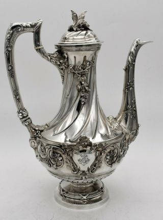 FRENCH 950 sterling silver COFFEE POT.  APPLIED SUNFLOWERS and ROSES c1900 830GM 2