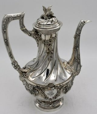 FRENCH 950 sterling silver COFFEE POT.  APPLIED SUNFLOWERS and ROSES c1900 830GM 3