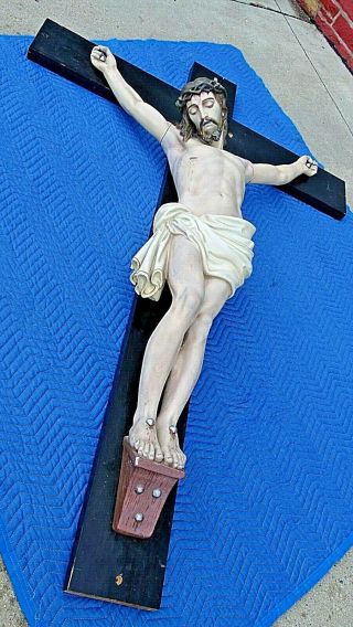 Catholic Altar Church Latin Large Antique Passion Crucifix Jesus With Wood Cross