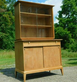 50s Mcm Heywood Wakefield Cadence Bookcase Curio Record Cabinet Sliding Glass Dr
