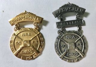 Vintage Rifle Nra Pro Marksman 50 Ft Award Medal Pin First Class & Sharpshooter