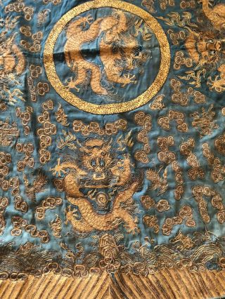 Antique Chinese Hand Embroidered Gold Thread 5 Dragons Phenix Silk Banner Panel