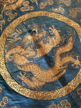 Antique Chinese Hand Embroidered Gold Thread 5 Dragons Phenix Silk Banner Panel 2