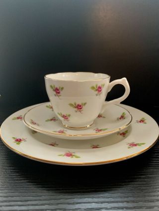 Vintage Consort Fine Bone China Pink Rose Bud Tea Cup,  Saucer & Cake Plate