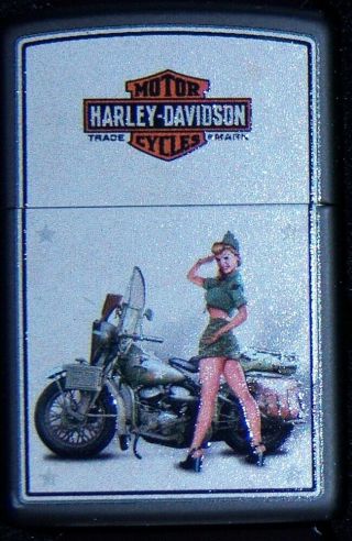 Zippo " Harley Davidson Ww2 Pin Up Girl.  D 19 With Black Matte Finish