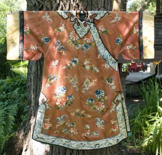 Chinese Embroidered Silk Woman’s Robe Qing Forbidden Stitch Apricot Orange