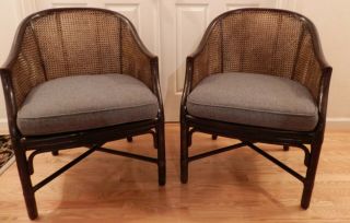 Vintage Mcguire Rattan Chairs - Set Of 2 With Blue/grey Cushions