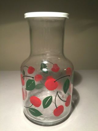 Vintage Glass Carafe Pitcher Decanter Juice Jug W/lid - - Cherries Pattern - Mexico