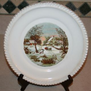 Vintage Harkerware 10 - 1/4 " Cake Plate Currier & Ives " Old Homestead In Winter "