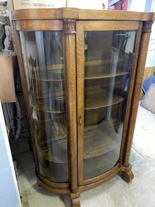 Antique Oak American China Display Cabinet Curved Sides Curio Bookcase