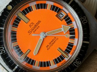 Vintage Silvana Diver W/mint Orange Dial,  Patina,  All Ss Case,  Eta 2472,  Runs Strong