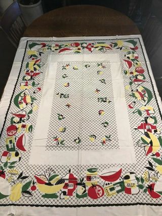 Vintage Mid - Century Mod Cotton Print Tablecloth W Great Cooking Graphics 51x62 "