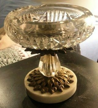 American Heavy Cut Crystal Pedestal Ashtray With Marble Base