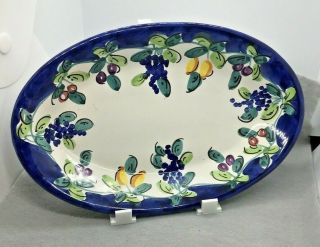 Fruit Pattern Vintage Cobalt Blue Signed Dip A Mano Italy Oblong Ceramic Bowl