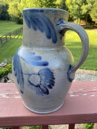 Antique Salt Glazed Stoneware Pitcher Crock Cobalt 10.  5 "