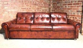 Retro Danish 1970 Straps Three Seater Hand Dyed Chestnut Brown Leather Sofa