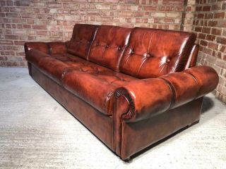 Retro Danish 1970 Straps Three Seater Hand Dyed Chestnut Brown Leather Sofa 2