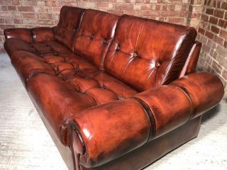 Retro Danish 1970 Straps Three Seater Hand Dyed Chestnut Brown Leather Sofa 3