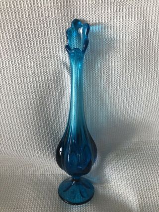 Vtg Mid Century Modern Viking Peacock Blue Swung Art Glass Stretch Vase - 1960s