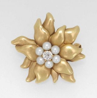 Antique Tiffany & Co.  Ny 14k Old Mine Cut Diamond & Pearl Flower Pendant / Pin