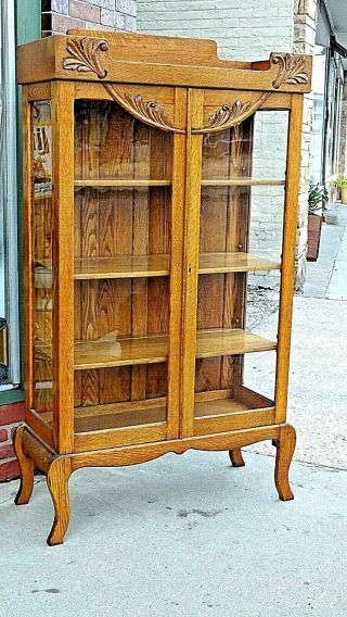 Arts & Crafts Mission Antique Oak Double door China display cabinet bookcase 2