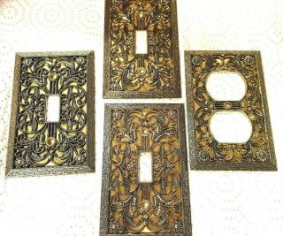 Vntg Brass Ornate Filigree Outlet Wall Plate Covers,  1 Outlet,  3 Light Switches