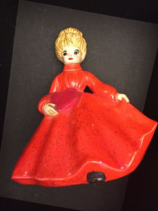 Vintage Valentines Day Decor Ceramic Girl With Heart Orange Dress