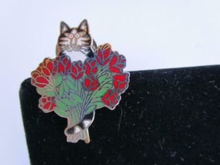 Vintage B Kliban Cat With Red Roses Enamel Collector Pin