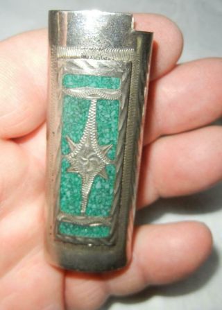 Vintage Silver & Turquoise Inlay Cigarette Lighter Sleeve Case Holder