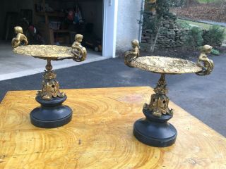 Superior 19c Antique French Gilt Bronze Table Urns With Black Onyx Base Cherubs