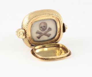 Antique Georgian 15ct Gold Memento Mori Hinged Fob With Painted Miniature Skull