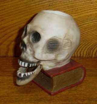Vintage Japanese Bisque Porcelain Skull On Book Nodder Match Holder